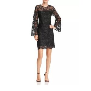 Nanette Lepore Black Lace Bell Sleeve Mini Dress Size 2 Scroll Mesh Cocktail
